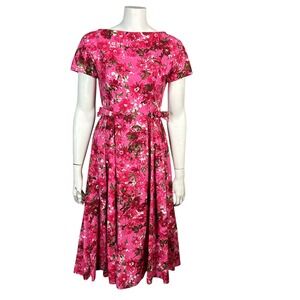 Lanz Original Vintage Dress XS 50s Pink Floral Fit Flare Bow Pleated Rockabilly